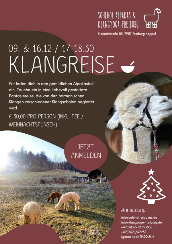 Flyer: Klangreise mit Alpakas am 09. und 16. Dezember ab 17 Uhr beim Sohlhof Alpakas in Freiburg-Kappel